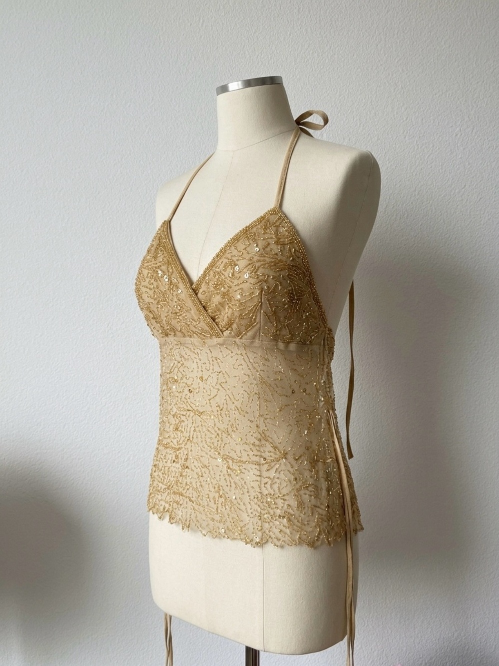 Vintage 100% silk Gold Beaded Halter Cami Top